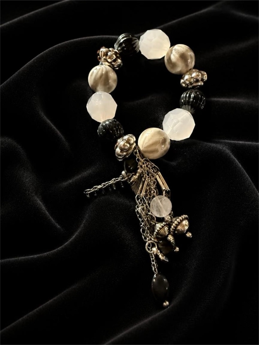 Acrylic Beaded Stretch Bracelet with Dangles in Black White and Gray